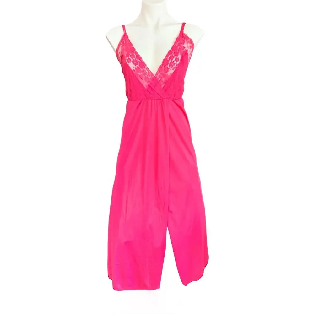 Diane Von Furstenberg 1970s Vintage Hot Pink Fuchsia Nylon Nightgown DVF BE-7